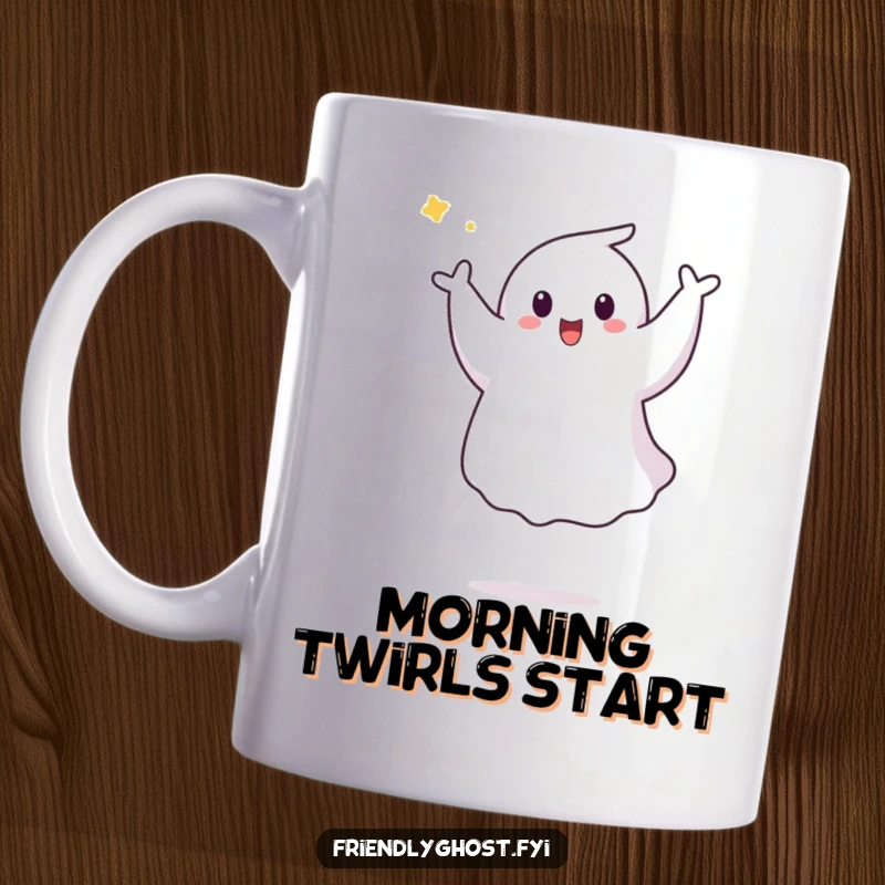 Funny Ghost Pirouette Mug: A ghost joyfully performs a graceful aerial pirouette, showcasing pure delight and playful energy.