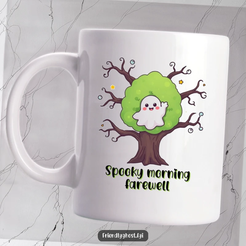 Funny ghost mug featuring a friendly ghost waving goodbye from the branches of a spooky, yet welcoming, tree.