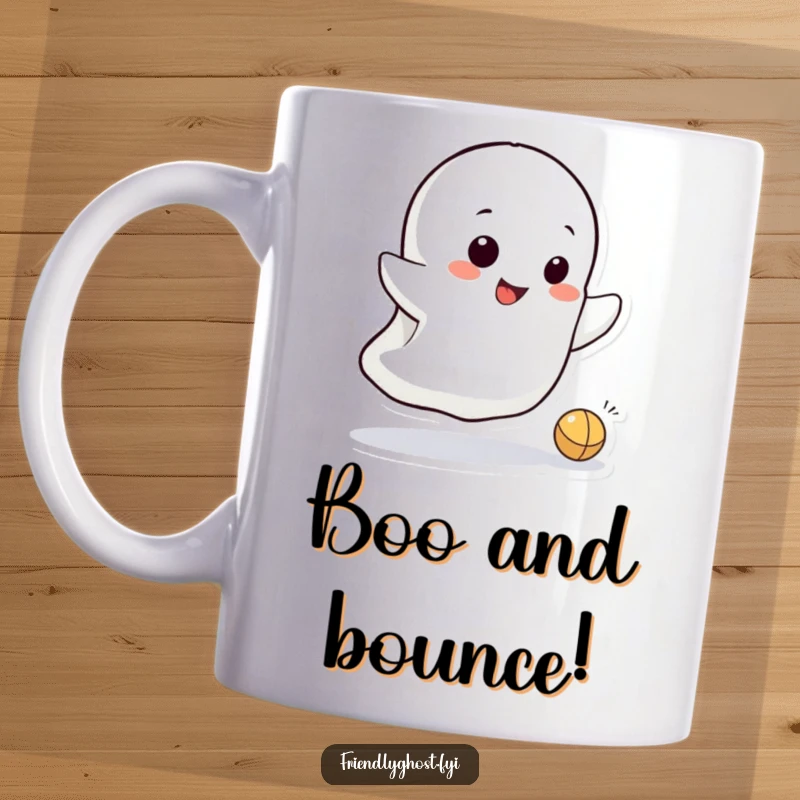 Funny mug with a small, mischievous ghost character playfully bouncing a tiny ball, exuding impish delight and spectral fun.