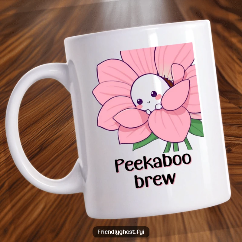 Funny shy ghost mug featuring a cute character playfully peeking from behind a vibrant, large flower.