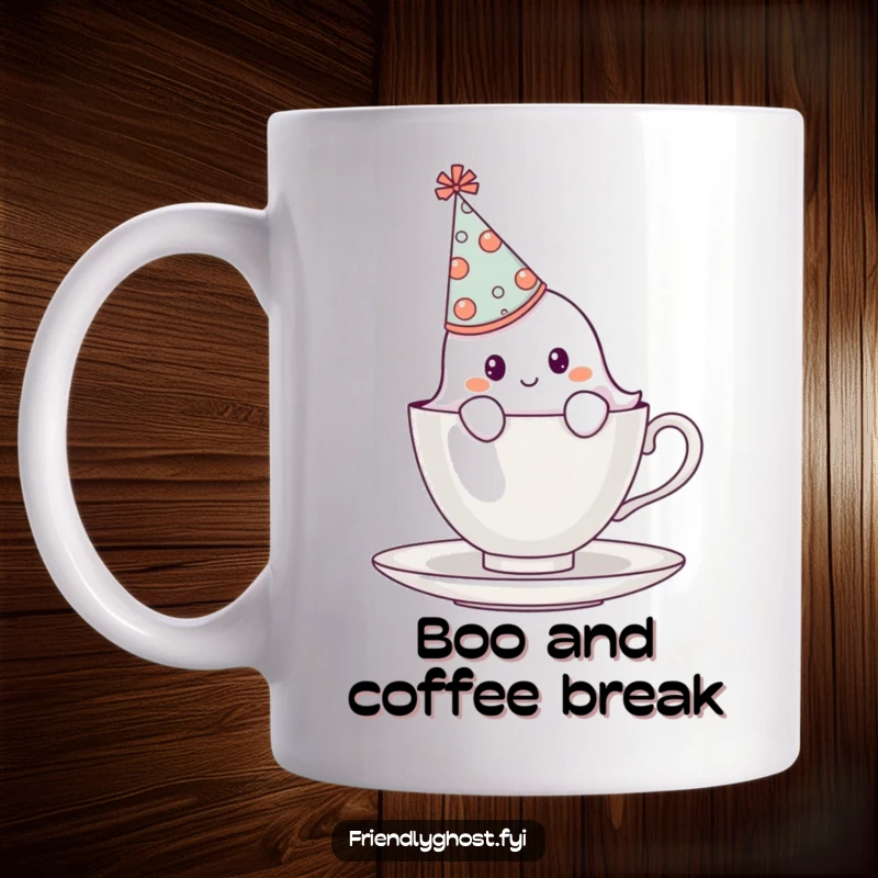 Funny ghost in an oversized party hat peeking shyly from behind a teacup, bringing a smile to your face.