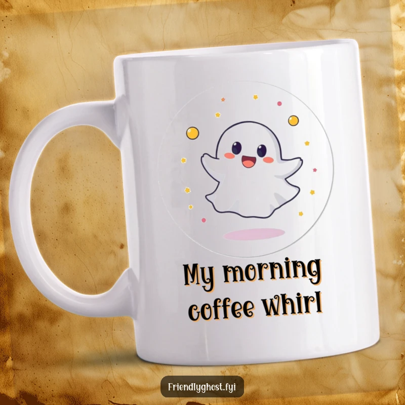Funny mug shows a round ghost character joyfully spinning in a circle with abandon, embodying sheer happiness and fun.