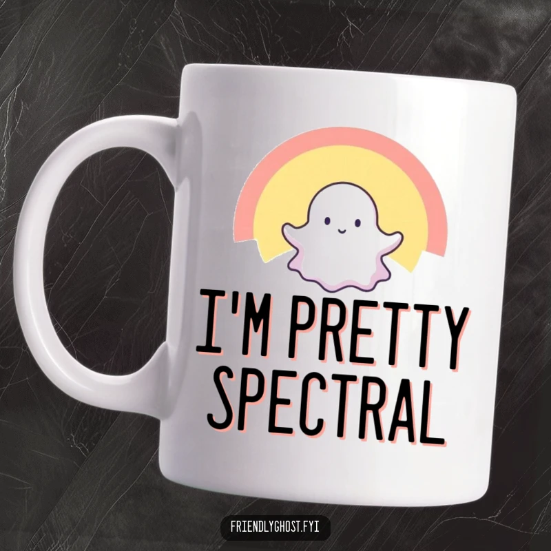 Funny mug featuring a tiny ghost happily floating through a bright, radiant rainbow, spreading spectral cheer and colorful vibes.