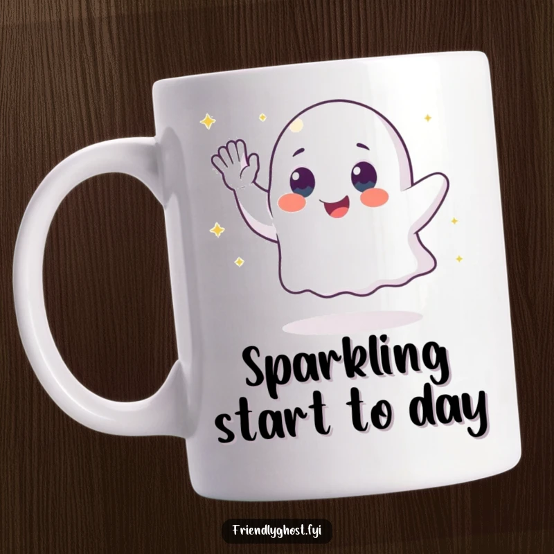 Funny ghost mug with a waving character leaving a shimmering trail of sparkling dust, conveying cheerful farewells.