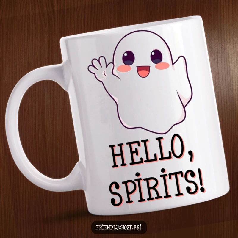 Funny mug featuring a cute ghost enthusiastically waving with its spectral hand, offering a friendly and cheerful spectral greeting.