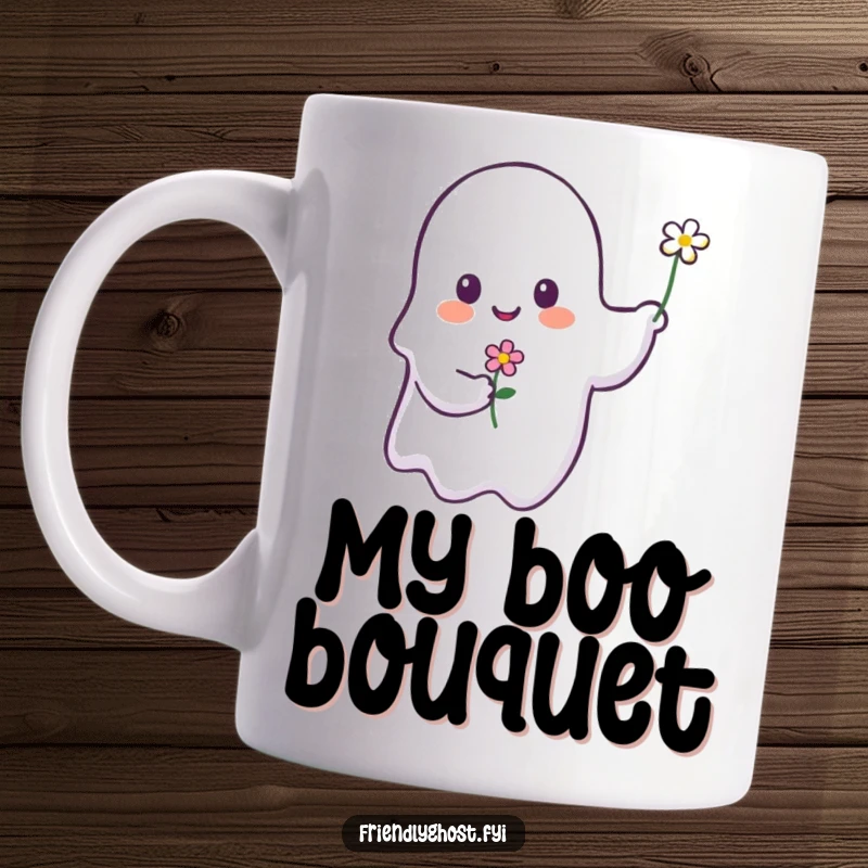 Funny ghost mug with a sweet smile offering a delicate flower, conveying kindness and gentle charm.