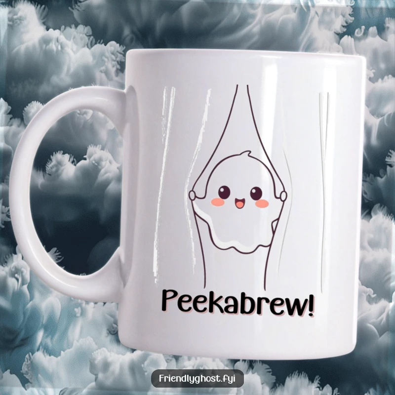 Funny ghost mug with a cheerful ghost character playfully peeking from behind a shimmering, translucent curtain.