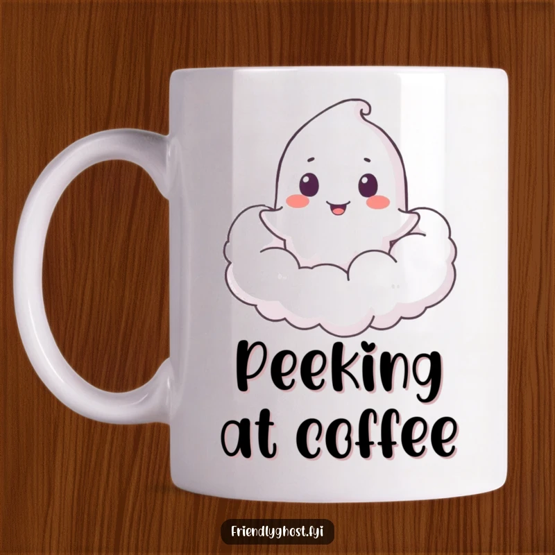 Funny Ghost Cloud Peeker Mug: A ghost playfully peeks from a soft, fluffy cloud, offering a delightful and whimsical surprise.