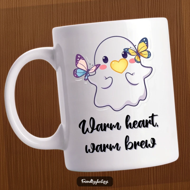 Funny friendly ghost mug featuring a kind character offering a glowing heart to a delicate butterfly.
