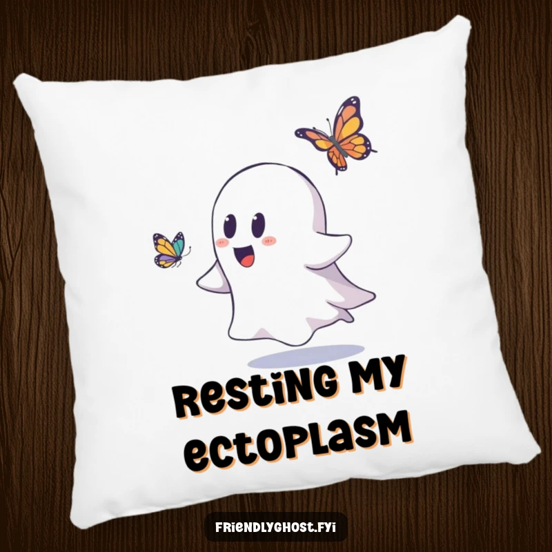 Funny ghost pillow featuring a playful ghost in pursuit of a delicate butterfly, perfect for adding comfort and humor.