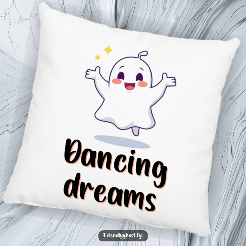 Funny pillow featuring a joyful ghost doing a silly, wobbly dance, offering spectral comfort and a fun, playful touch.