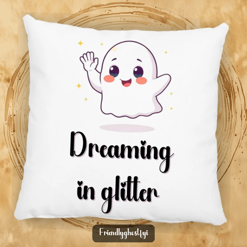 Funny ghost pillow with a waving character leaving a trail of sparkling dust, perfect for adding softness and magical charm.