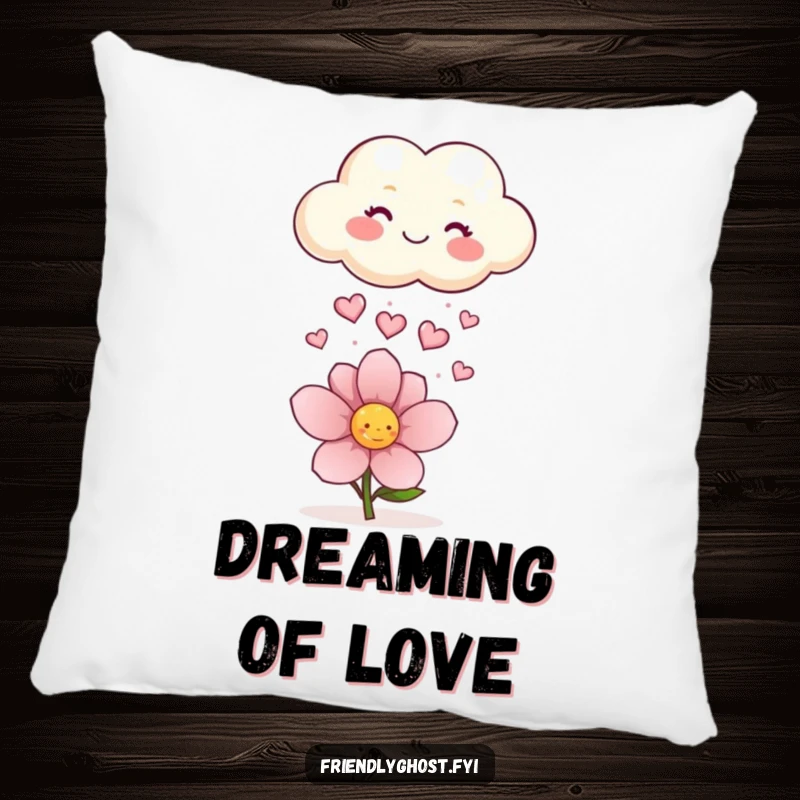Funny pillow featuring a happy cloud raining sparkling hearts onto a flower, offering plush comfort and a touch of gentle love.