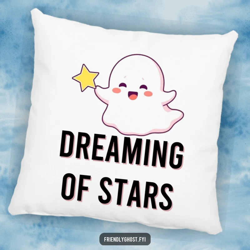 Funny ghost pillow showing a ghost character joyfully chasing a sparkling star, perfect for cozy dreams.