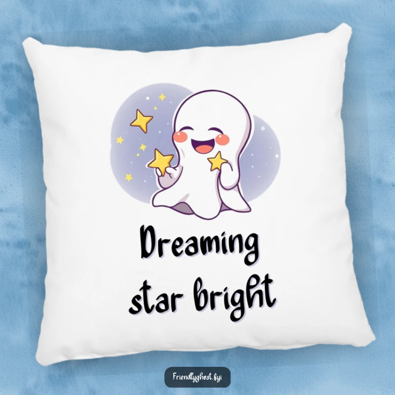 Funny ghost child pillow showing a giggling ghost holding a twinkling star, providing comfort and a touch of playful spookiness.