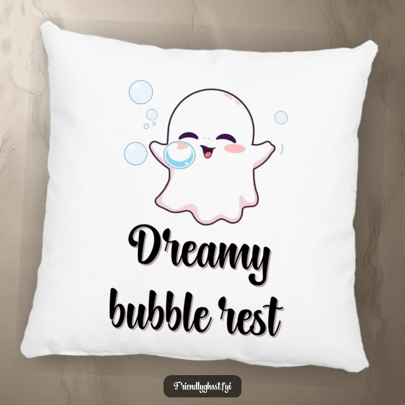 Funny pillow featuring a friendly ghost gently blowing iridescent bubbles, adding playful charm and comfort to any space.