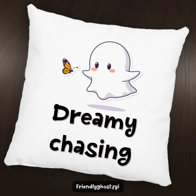 Funny pillow showcasing a small ghost character playfully chasing a butterfly, embodying cozy comfort and pure, delightful joy.