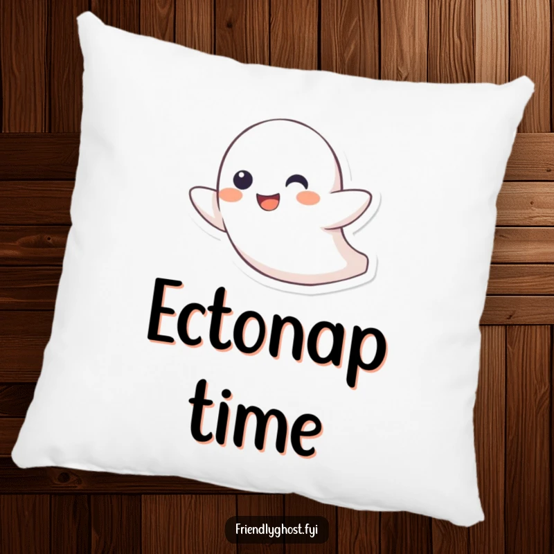 Funny pillow with a little ghost character joyfully zipping through the air with a playful grin, offering soft comfort and spectral humor.
