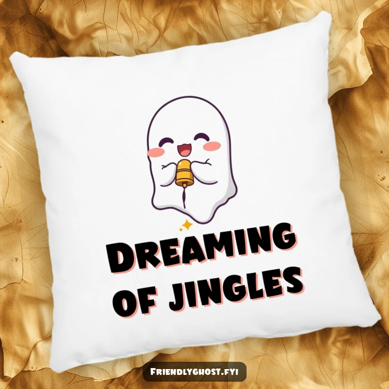 Funny Ghost Bell Ringer Pillow: Delighted spirit ringing a small bell, perfect for cozy and humorous comfort.