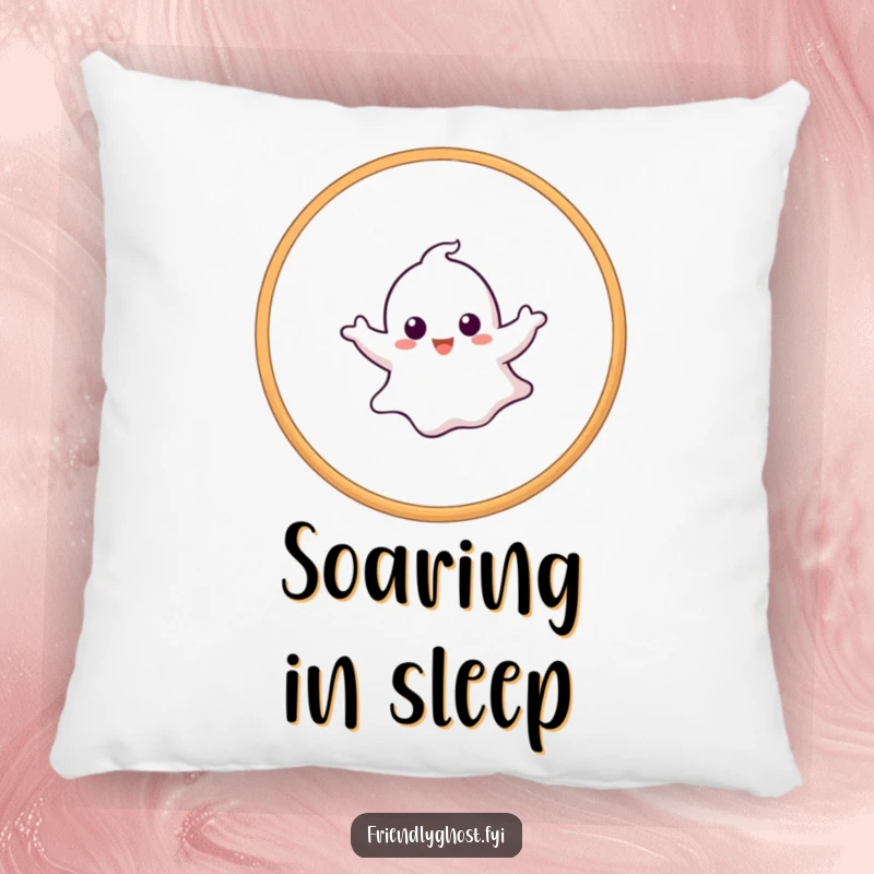 Funny ghost pillow featuring a playful ghost easily floating through a hoop, ideal for adding a touch of fun.