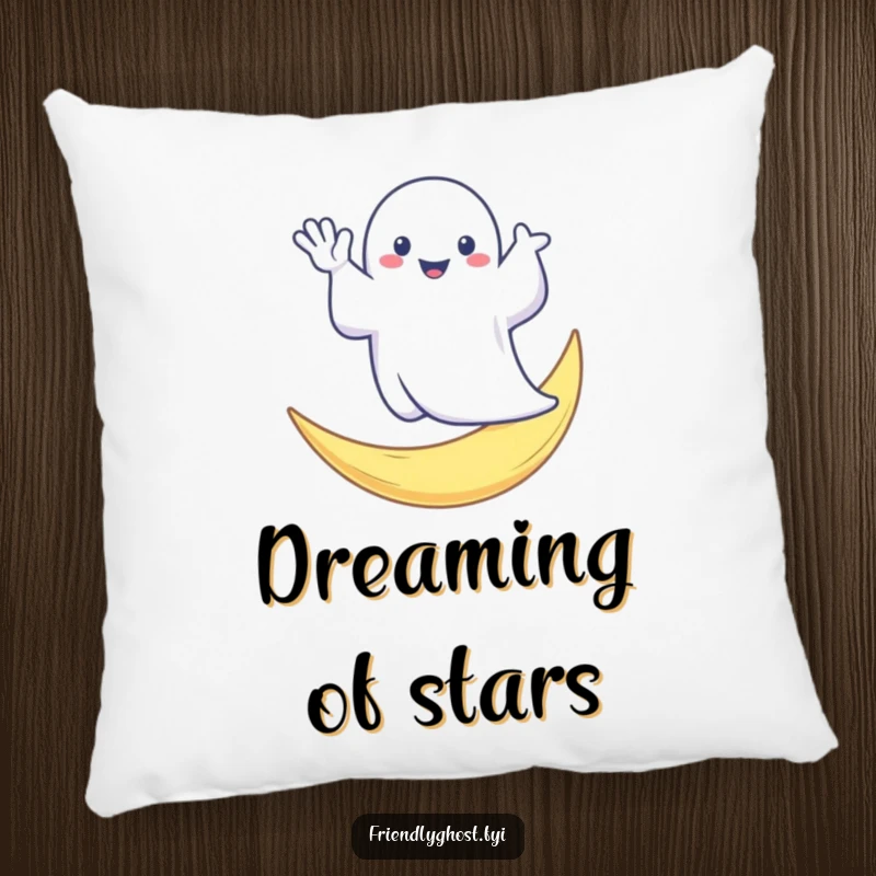 Funny pillow featuring a friendly ghost waving from a crescent moon, offering soft comfort and a humorous, whimsical touch.