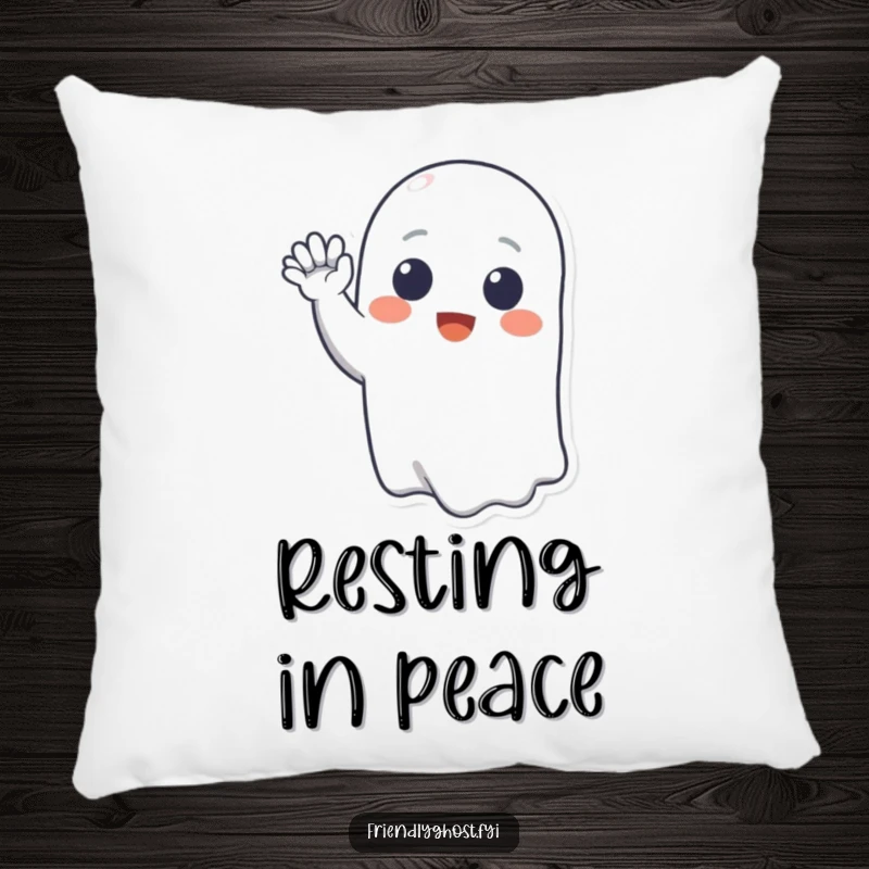 Funny pillow featuring a cheerful ghost character with a wide smile, offering a friendly wave, perfect for cozying up.