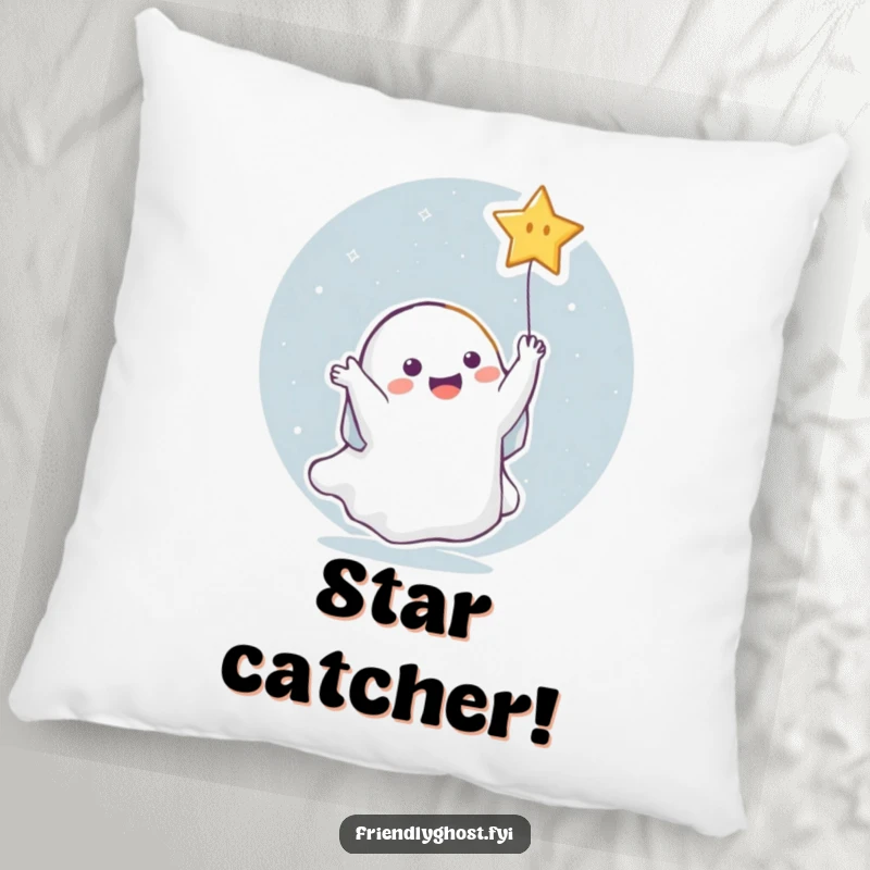 Funny Ghost Star Pillow: Soft decorative pillow featuring a ghost joyfully catching a falling star, perfect for celestial-themed humor.