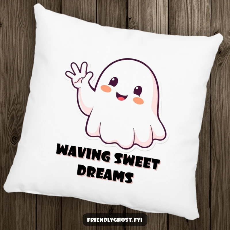 Funny Ghost Waving Pillow: Happy spirit waving enthusiastically, perfect for cozy and humorous friendliness.