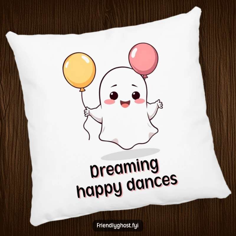 Funny giggling ghost pillow featuring a silly character dancing with a balloon, bringing cheer.