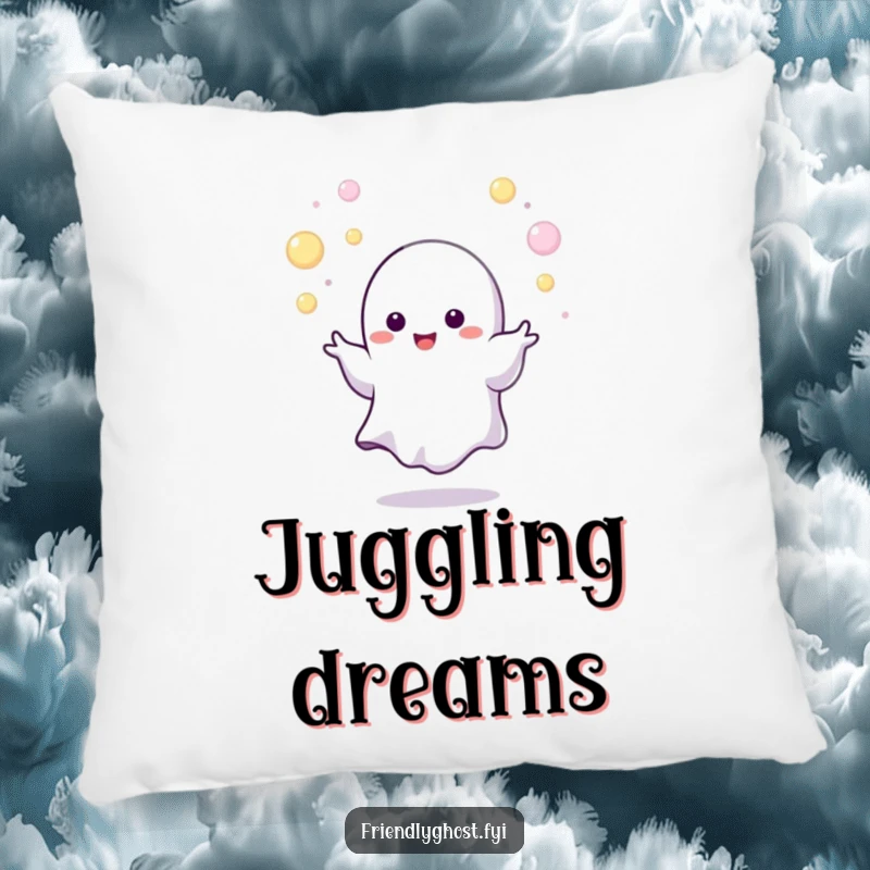 Funny juggling ghost pillow with a tiny character expertly juggling tiny, glowing orbs, a soft and humorous decorative item gift.