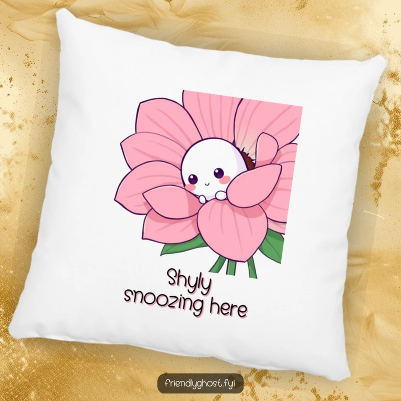 Funny shy ghost pillow featuring a timid character playfully peeking from behind a large, colorful flower.