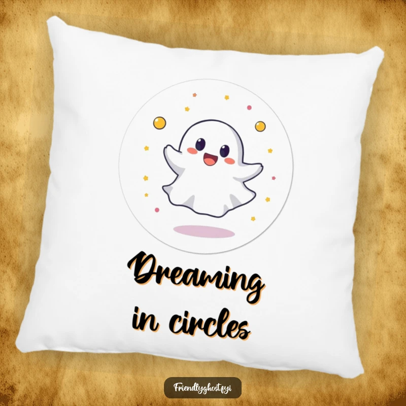 Funny pillow with a round ghost character spinning in a circle with joyful abandon, offering soft comfort and a touch of whimsy.