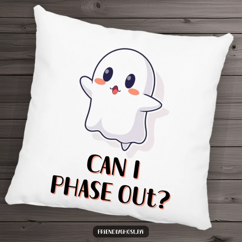 Funny ghost pillow showing a ghost character looking surprised, stuck trying to float through a wall.