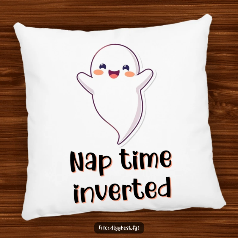 Funny upside down ghost pillow featuring a happy, smiling ghost floating upside down, perfect for cozy, quirky, and funny gift giving.