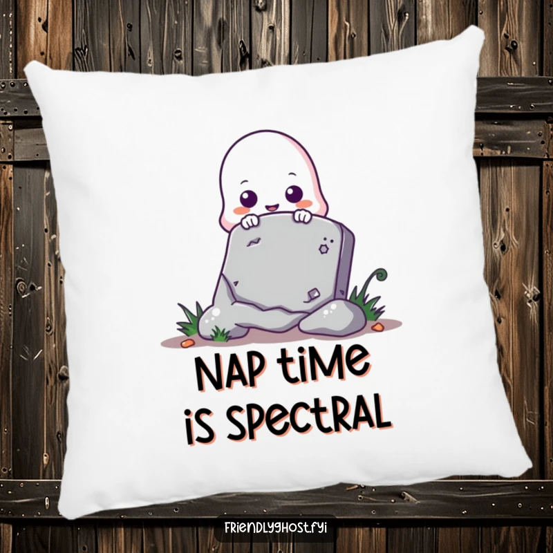 Funny ghost pillow with a cute ghost playfully peeking from behind a tombstone, perfect for spooky comfort.