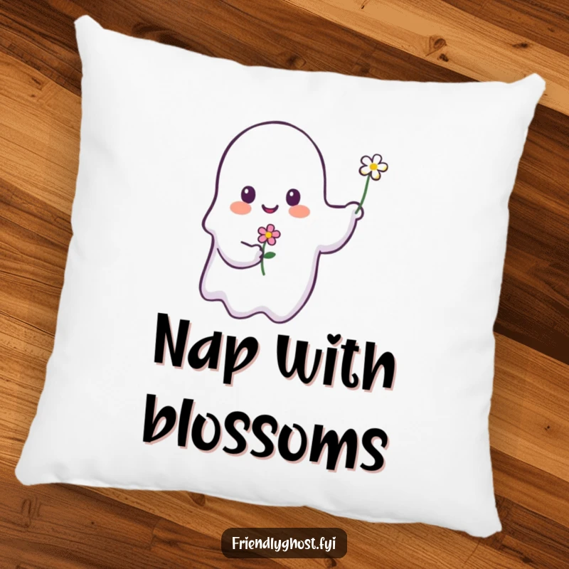 Funny ghost pillow featuring a cute ghost with a gentle smile offering a small flower, perfect for cozy settings.