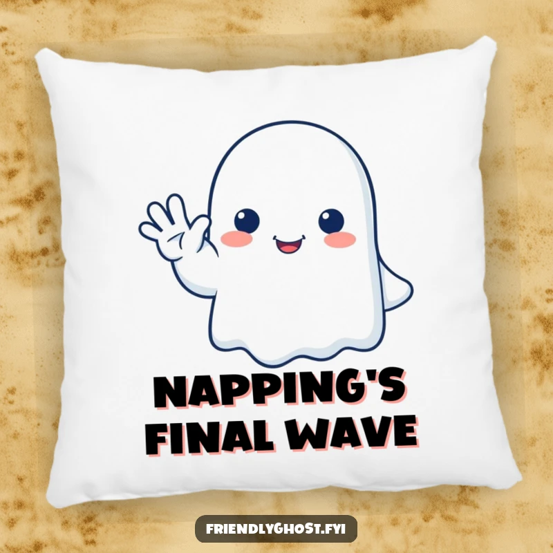Funny ghost pillow showing a happy, friendly ghost waving goodbye, providing comfort and a touch of heartwarming humor.