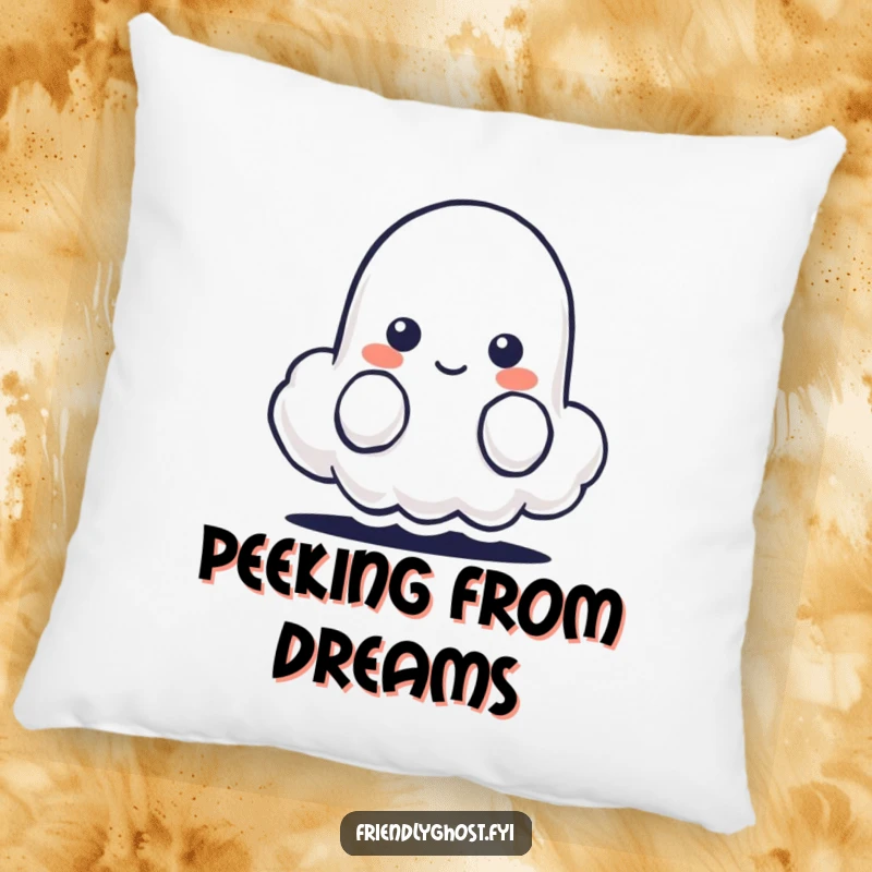 Funny pillow showing a shy ghost character peeking from behind a tiny, happy, smiling cloud.