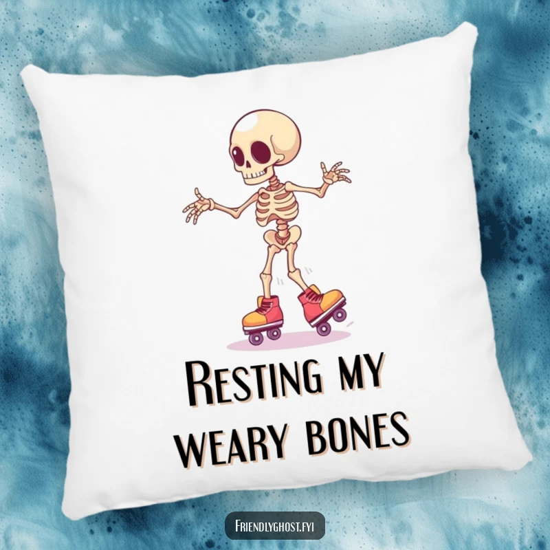 Funny clumsy skeleton limb wearing tiny roller skates, wobbling precariously, a soft and humorous decorative pillow.