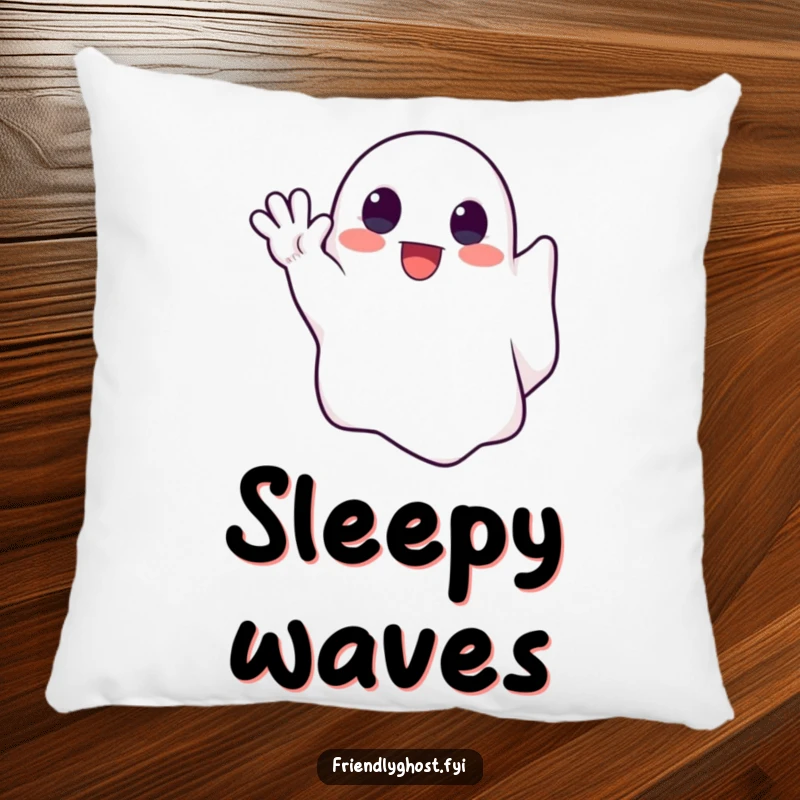 Funny pillow showcasing a cute ghost enthusiastically waving a spectral hand, offering spectral comfort and a friendly vibe.