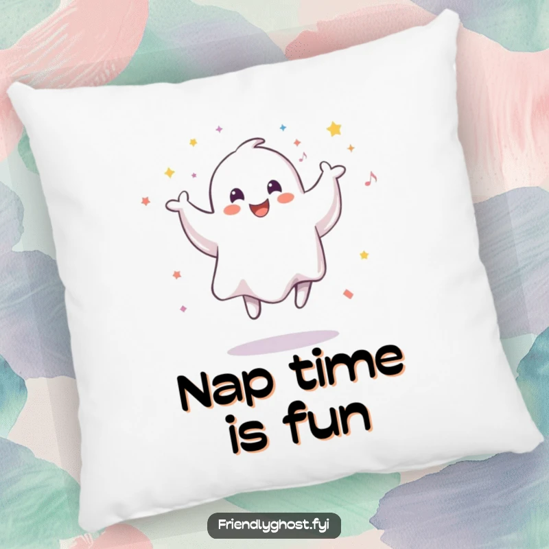 Funny pillow featuring a smiling ghost in a playful jump, with cheerful confetti swirling around, bringing spectral coziness.