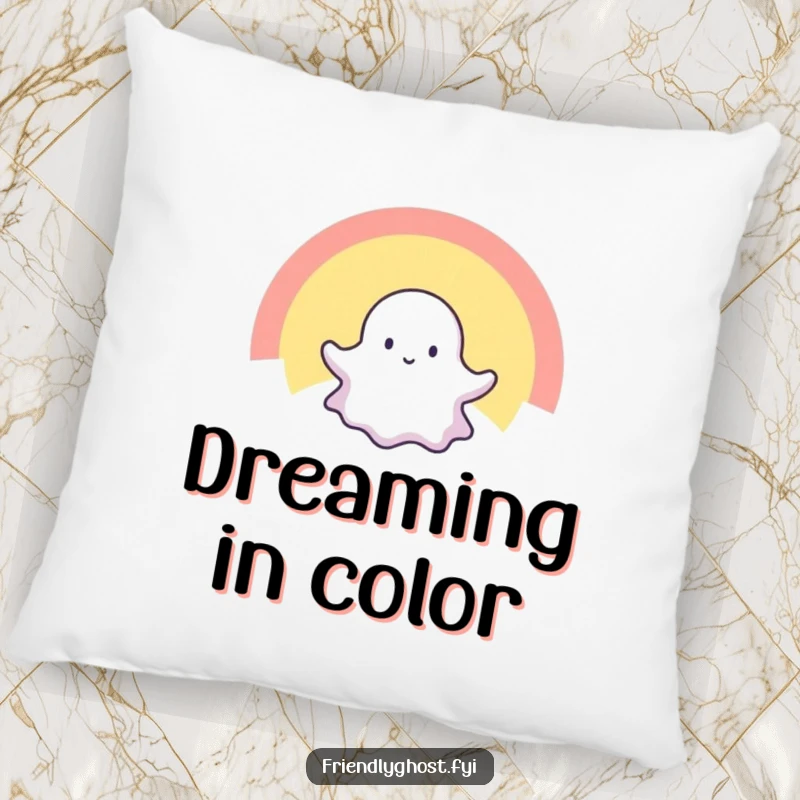 Funny pillow displaying a tiny ghost happily floating right through a radiant spectrum of colors, offering spectral comfort and cheer.