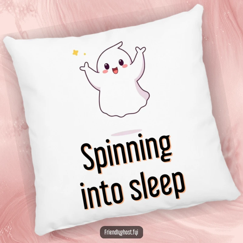 Funny Ghost Pirouette Pillow: A cheerful ghost joyfully performs a graceful aerial pirouette, creating a soft and spirited accent for comfort.