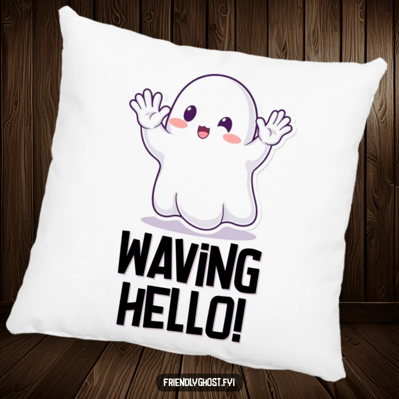 Funny Ghost Waving Pillow: Soft decorative pillow featuring an enthusiastic transparent ghost waving its hand.