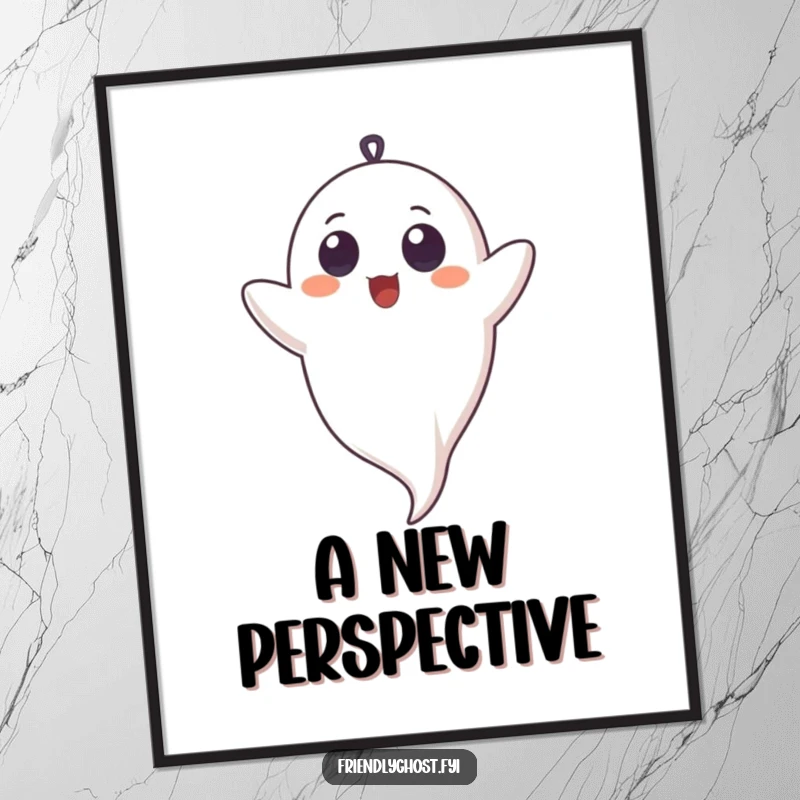 Funny digital art print of a ghost with innocent eyes, joyfully giggling while hanging upside down, a whimsical decoration.