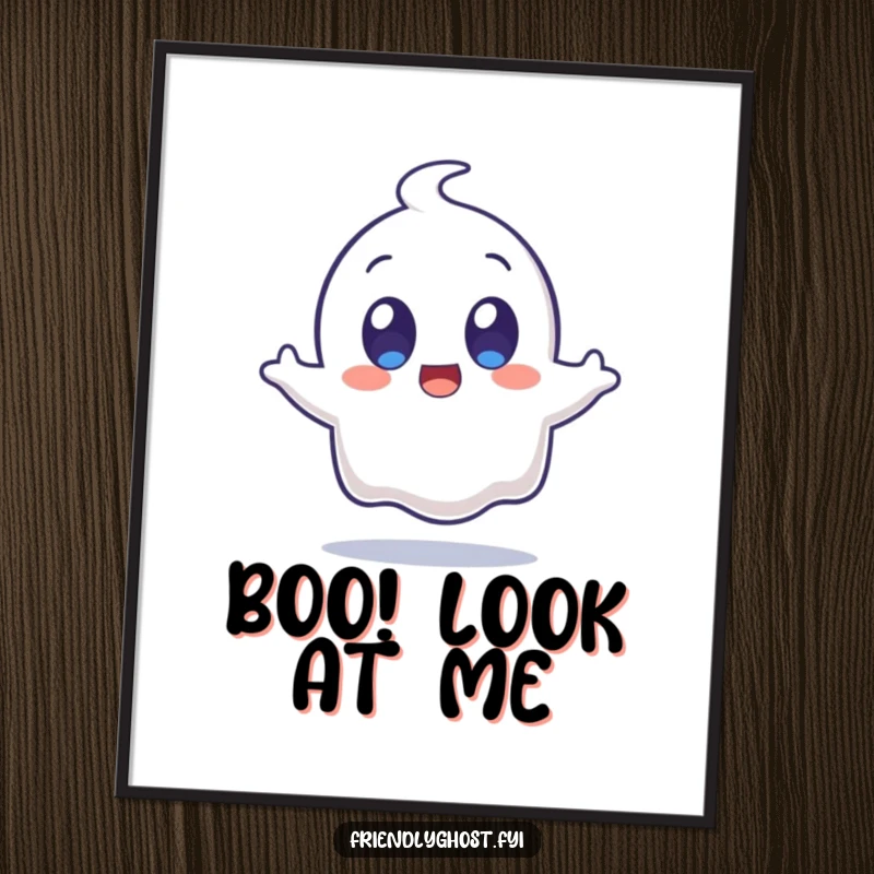 Funny surprised ghost character with wide, happy eyes jumping, available as a digital art print for instant humorous home decor.