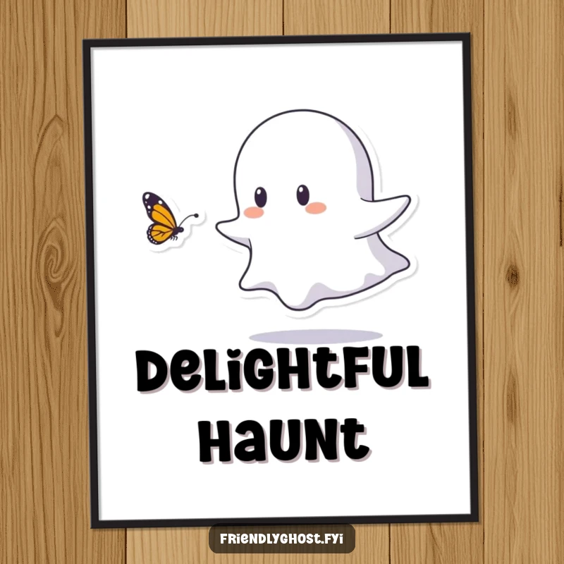 Funny digital art print of a small ghost character playfully chasing a butterfly, embodying pure delight for instant humorous decor.