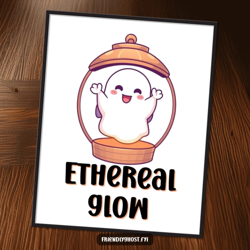 Funny ghost lantern digital art print of a cheerful ghost waving from inside a glowing lantern, perfect for instant spooky decor and gifts.