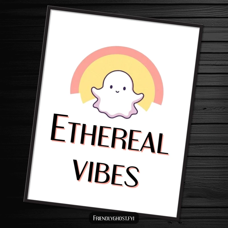 Funny digital art print of a tiny ghost happily floating through a mesmerizing, radiant rainbow, capturing spectral joy and vibrant color.