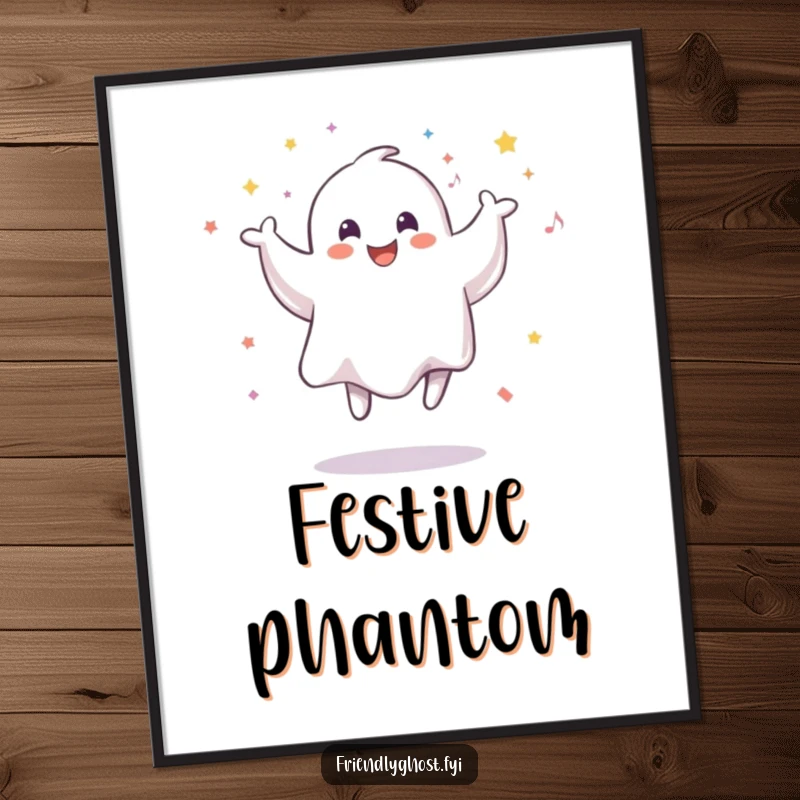 Funny digital art print of a smiling ghost leaping with a vibrant explosion of confetti, embodying spectral celebration.